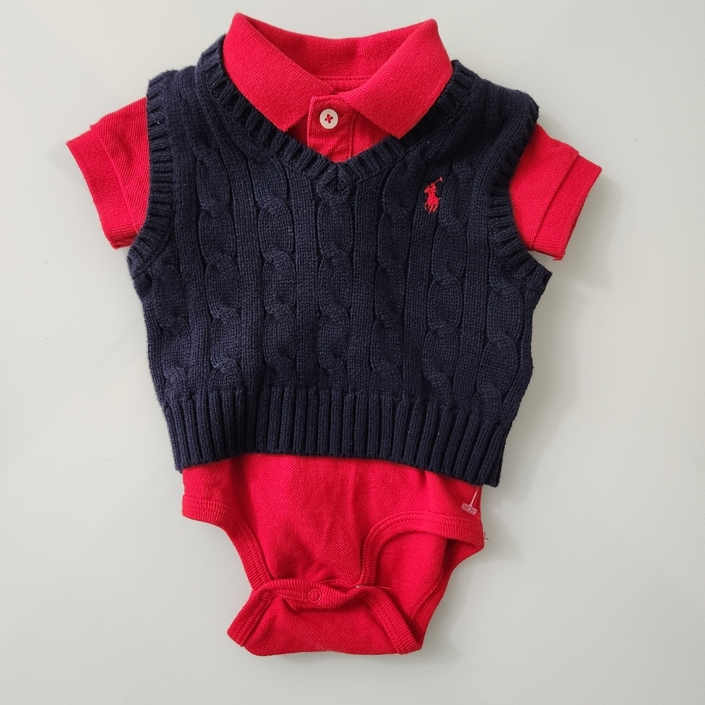 Polo by Ralph Lauren Baby 3 Months  Red and Navy Cable Knit Vest Bodysuit